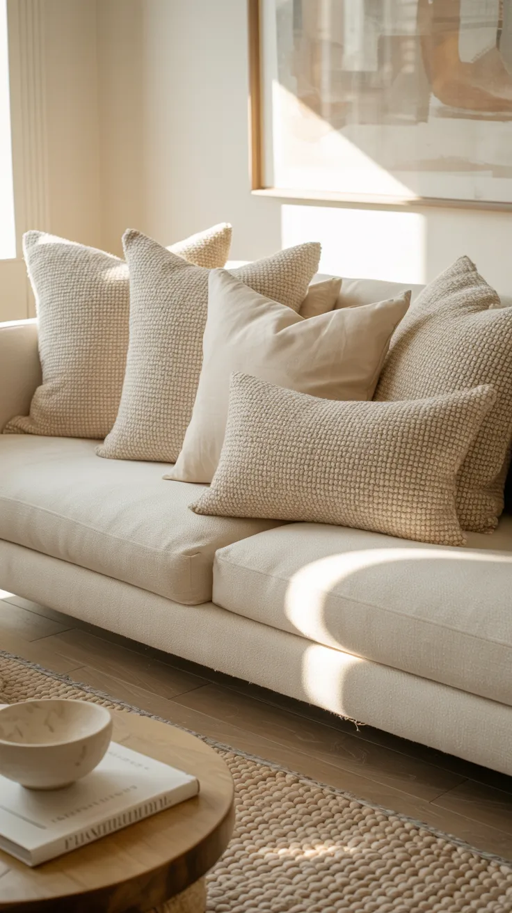 Beige bouclé throw pillows layered on cream sofa in bright modern living room.
