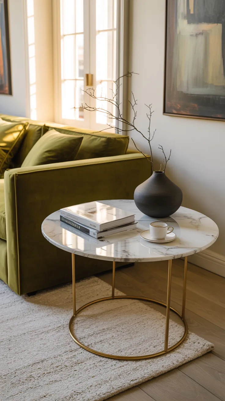 Round faux marble side table with gold geometric base styled beside sofa in modern living room.