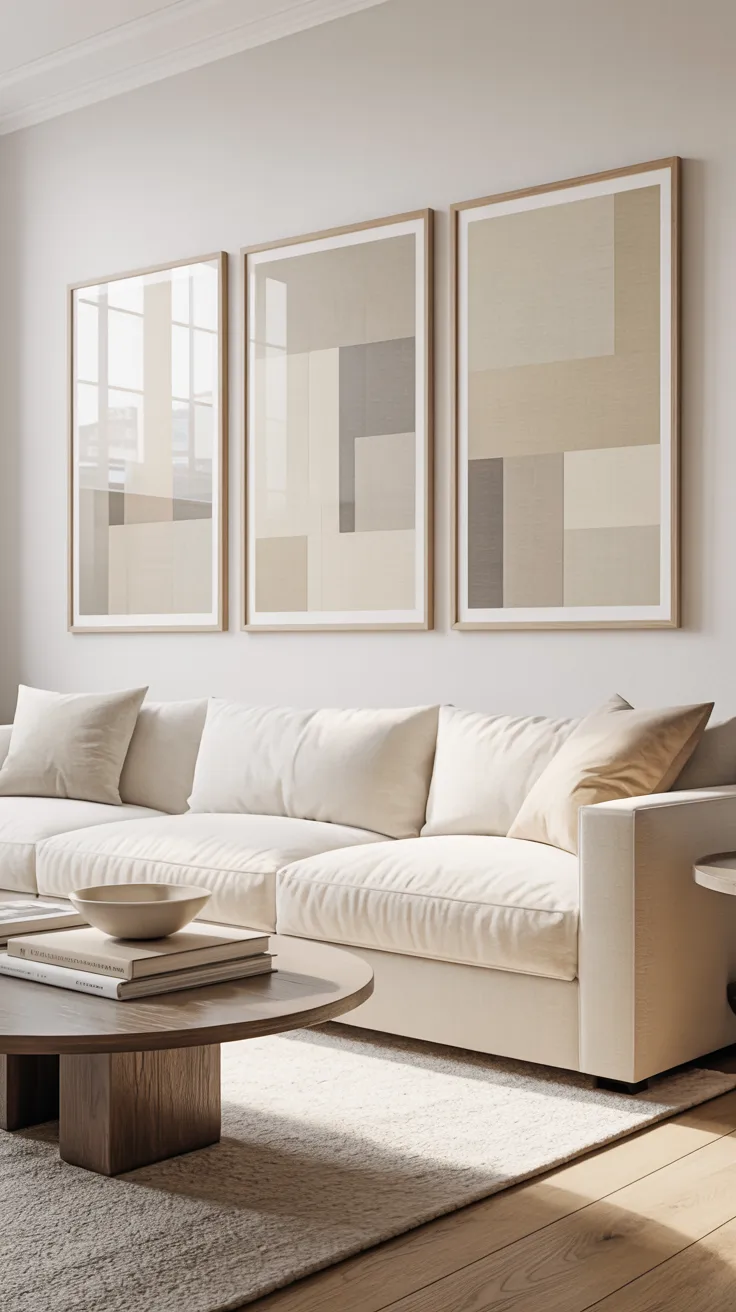  Three large framed neutral abstract art prints displayed above sofa in modern living room.