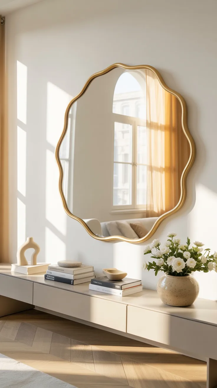 Wavy gold mirror mounted above a white console table in a bright modern living room with natural sunlight, light oak floors, and styled decor.