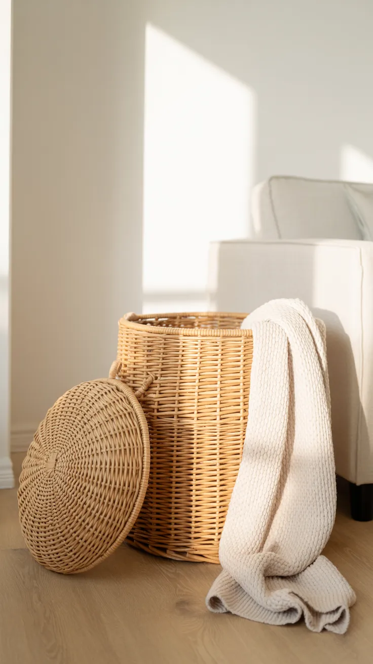 Woven rattan storage basket with lid removed and leaning beside it, featuring thick braided texture and a knit throw draped over the edge against a clean white background.