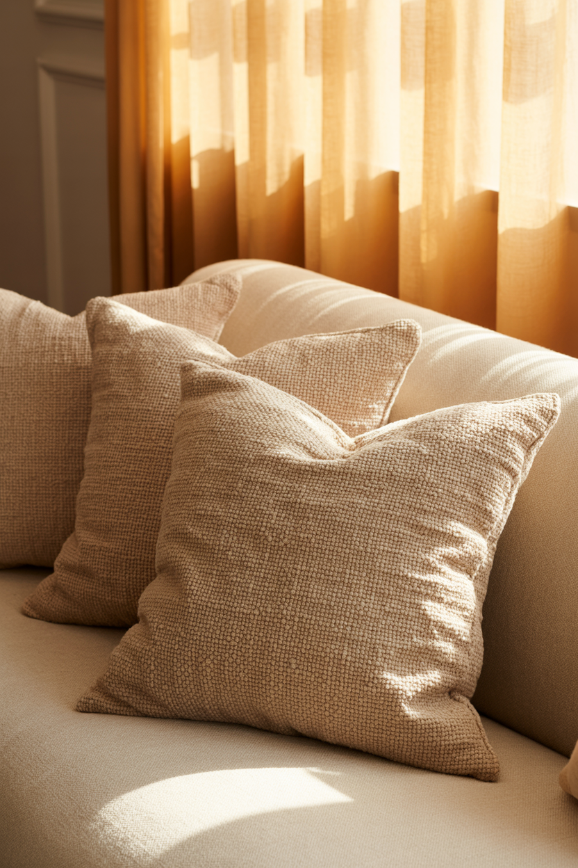 Beige bouclé throw pillows on a neutral sofa with warm sunlight and soft texture.