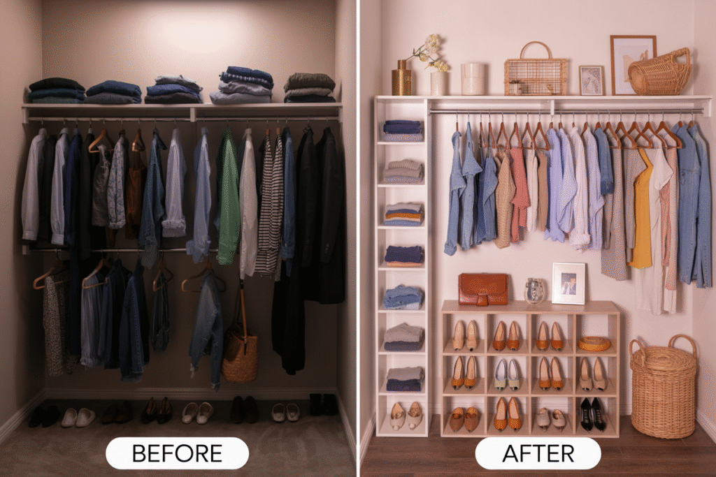 Side-by-side of a small apartment closet. “Before” is dark and disorganized. “After” features colorful clothing, a styled shoe rack, and creative storage with vibrant, organized design.