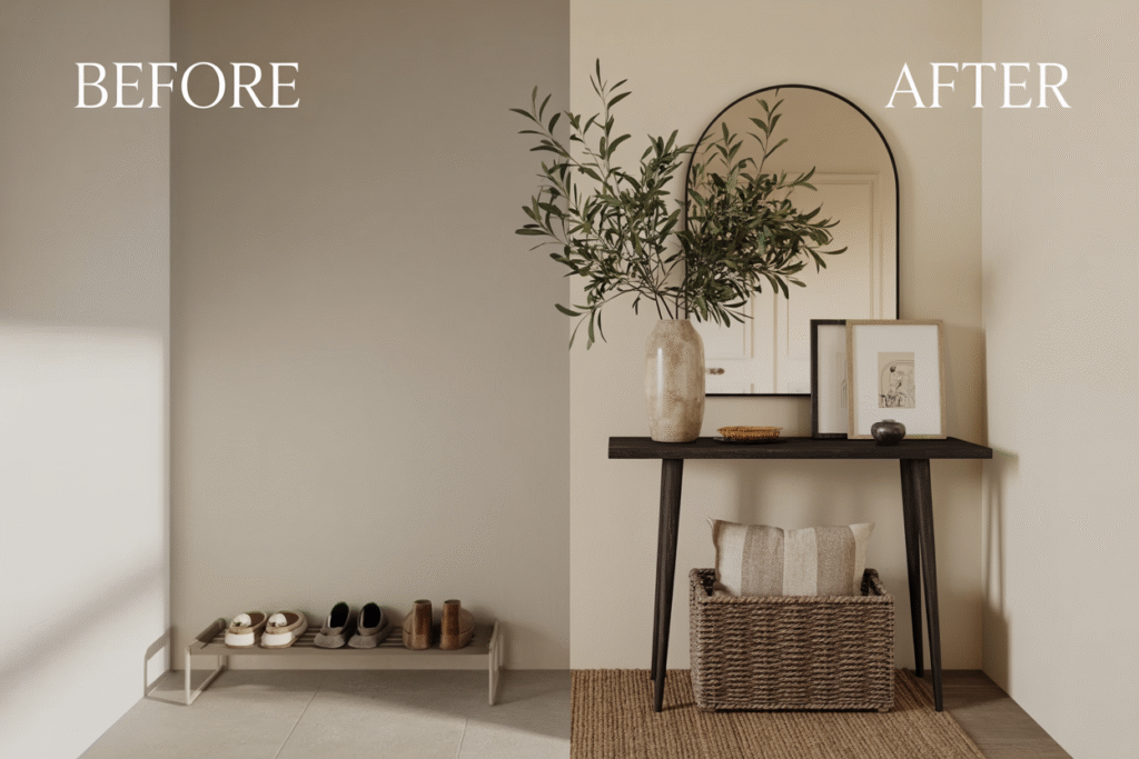 Before and after small entryway transformation featuring a minimalist shoe rack turning into a stylish console table setup with a mirror, vase, framed art, and woven basket for cozy and elegant apartment decor.