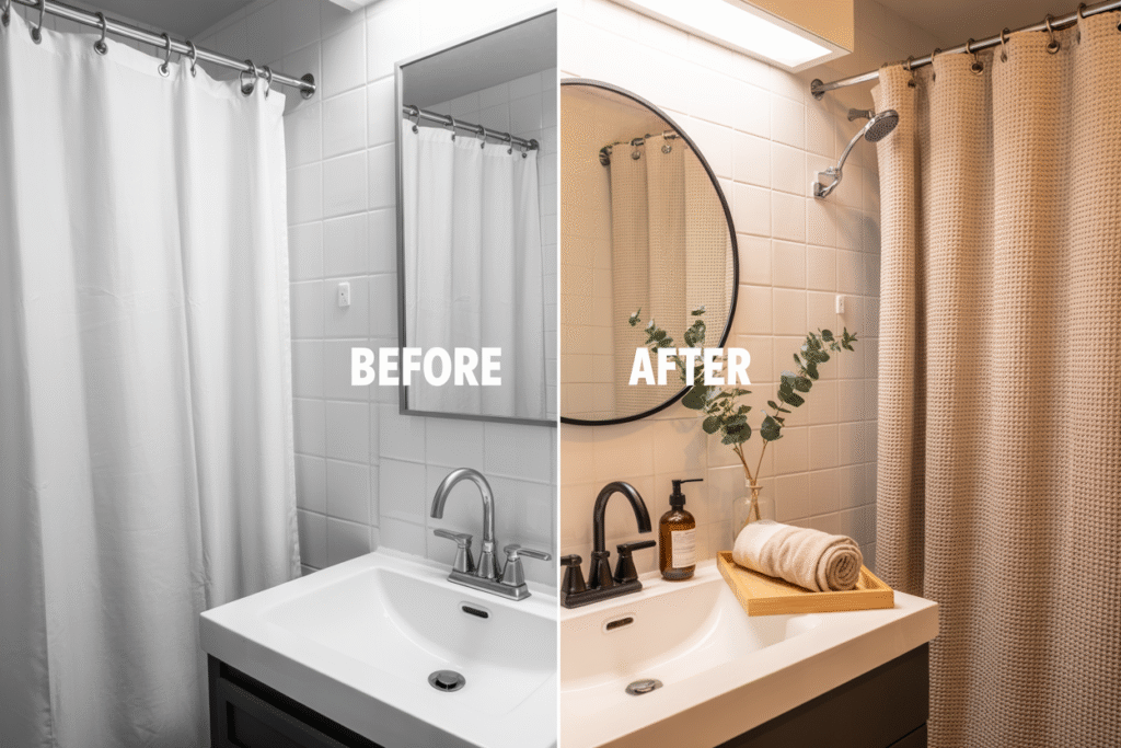 Before and after small bathroom makeover showing a basic setup with plain white curtain and faucet transformed into a spa-like space with textured shower curtain, black fixtures, round mirror, greenery, and rolled towel on a wooden tray