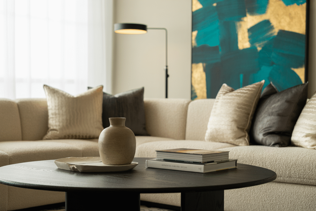 Neutral living room with dramatic contrast—black metal lamp, dark wood furniture, and bold wall art.