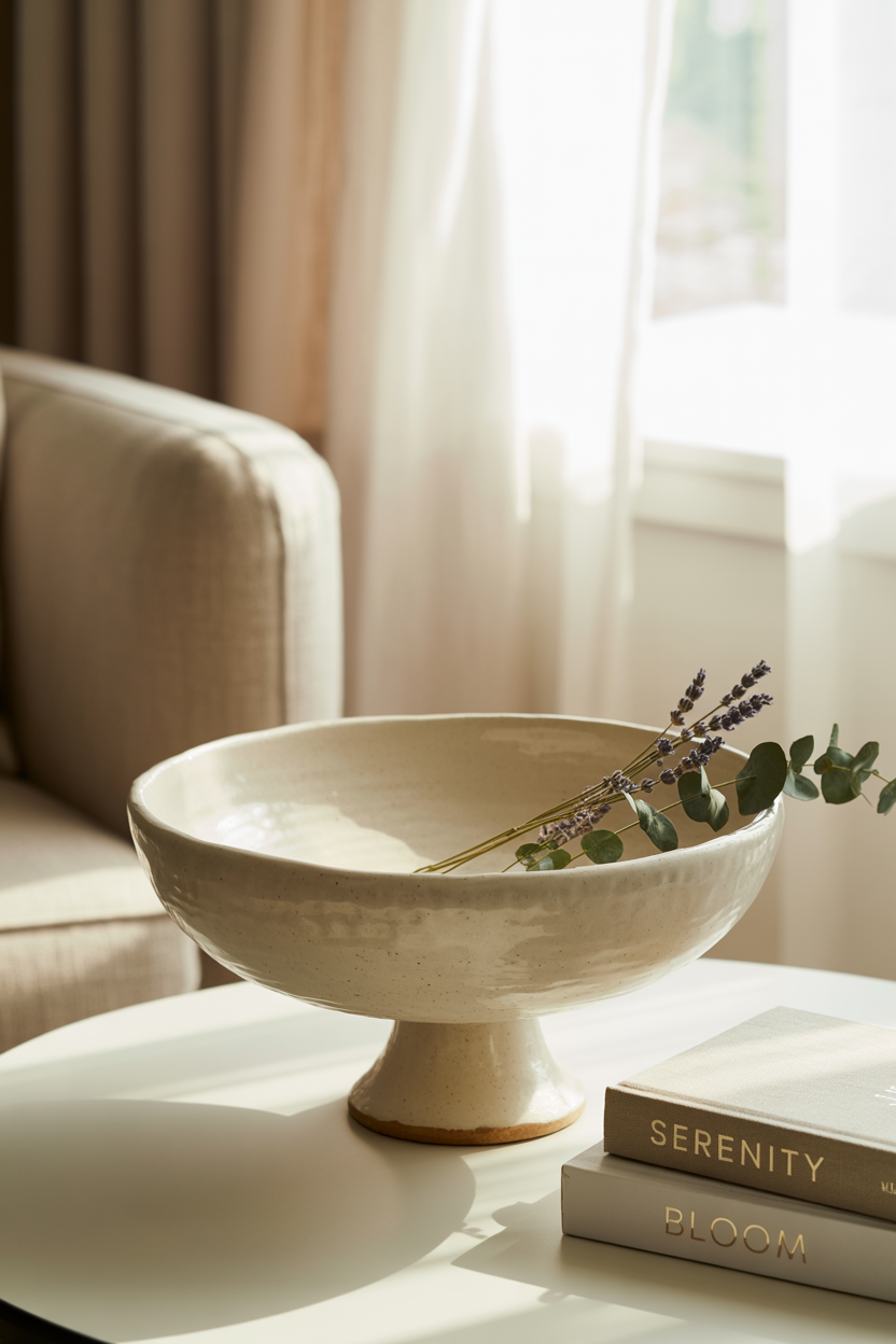 Large ceramic bowl with dried florals and books on a white table in a cozy living room.
