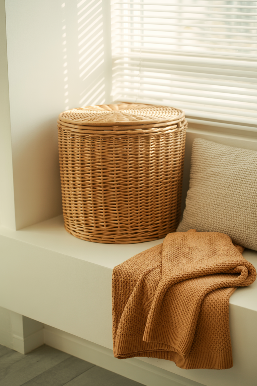 Lidded rattan basket styled with blanket and pillow in sunlit corner near window.