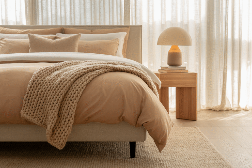 Layered neutral bedroom in almond, camel, and greige tones with warm light and soft textures