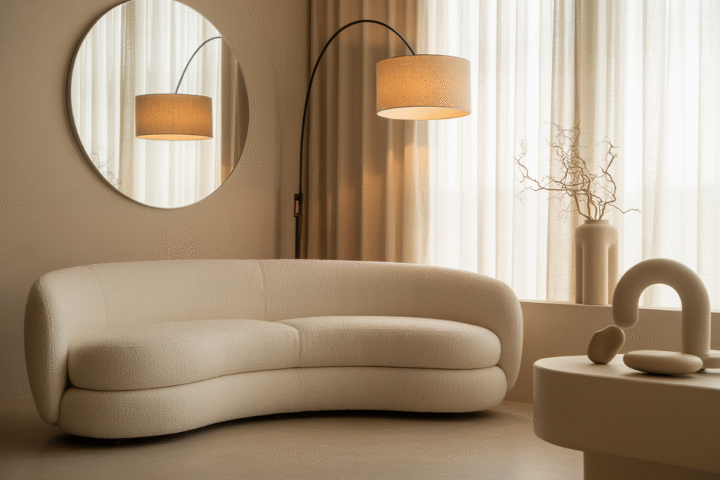 Neutral room with soft curves—arched lamp, rounded mirror, and beige sofa—for a modern organic look
