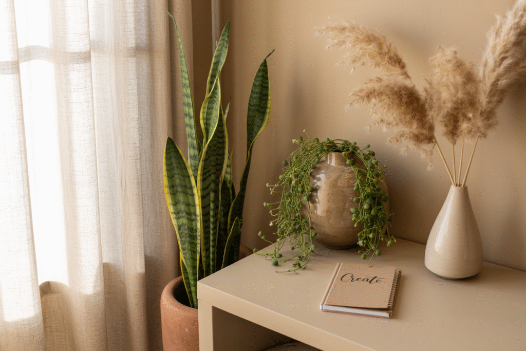 Neutral-toned room with indoor plants adding greenery and softness to the beige palette