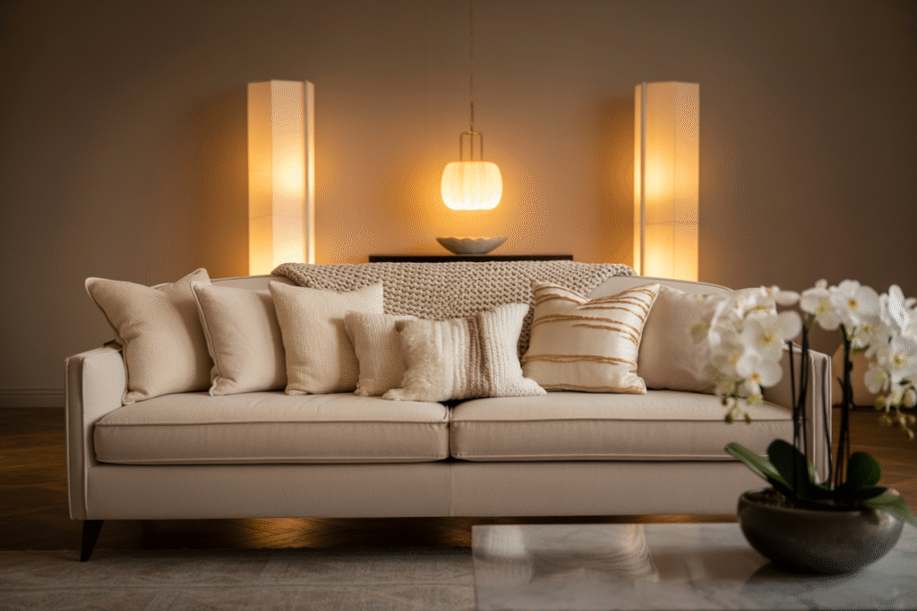 Warmly lit beige room with layered lighting—floor lamps, pendant light, and cozy shadows