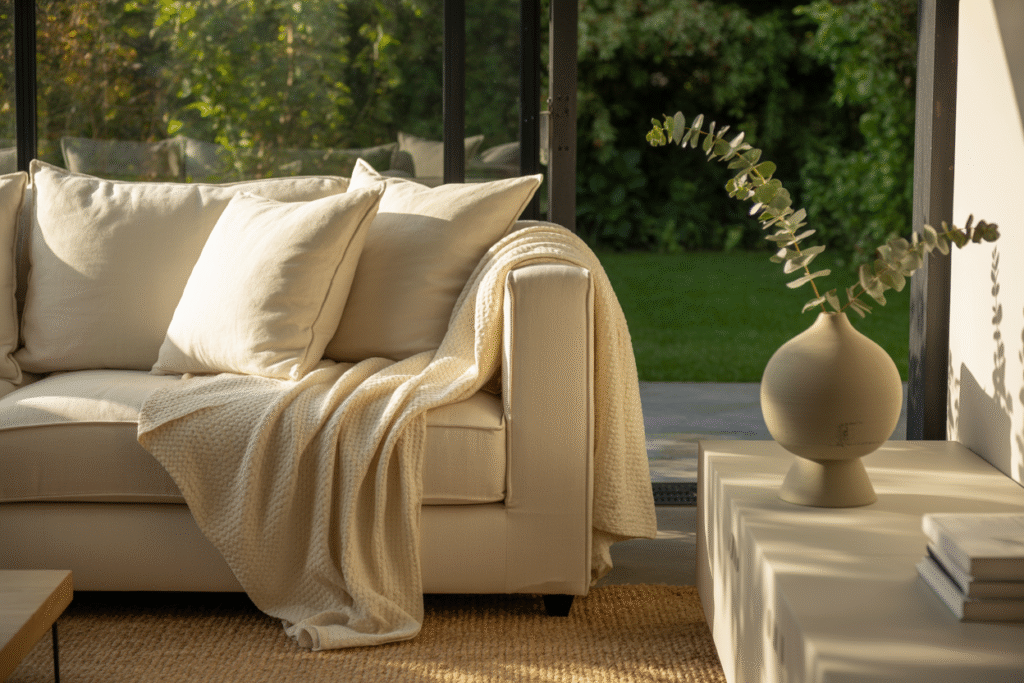 Textured neutral living room with layered beige fabrics, jute rug, and ceramic decor creating a cozy, high-end aesthetic