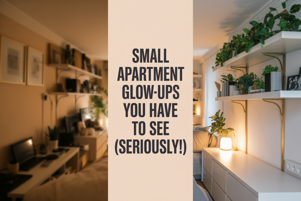 Split-screen image of a small apartment glow-up. The left side shows a dark, cluttered living space; the right side features a bright, styled wall with floating shelves, plants, and warm lighting. Center text overlay reads: “Small Apartment Glow-Ups You Have to See (Seriously!).”