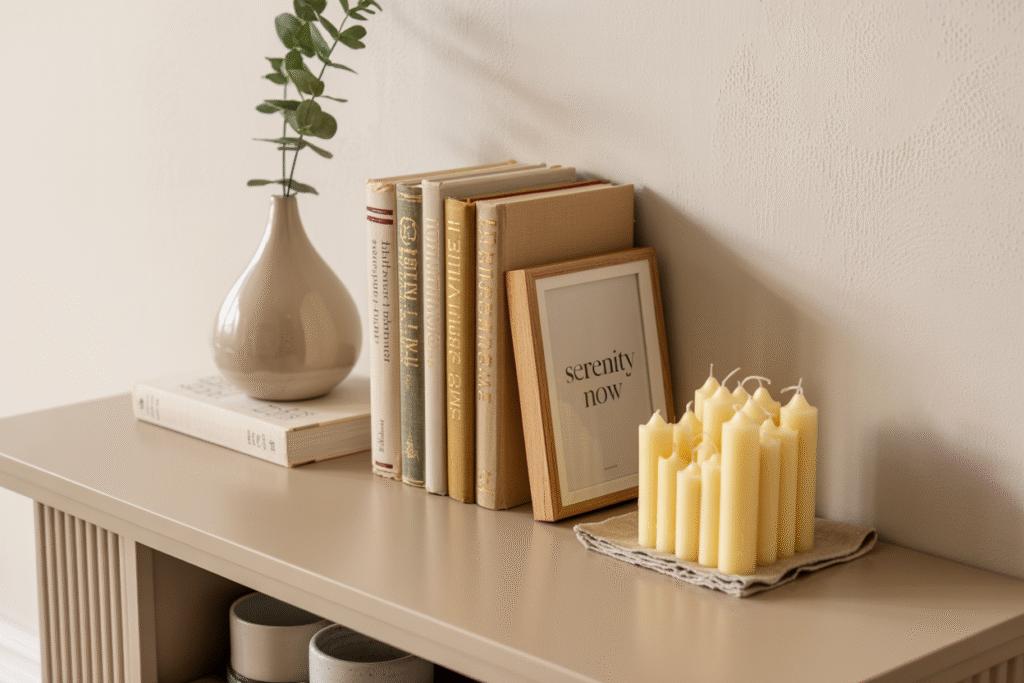 Beige console table styled with art, candles, books, and neutral decor for a cozy curated look