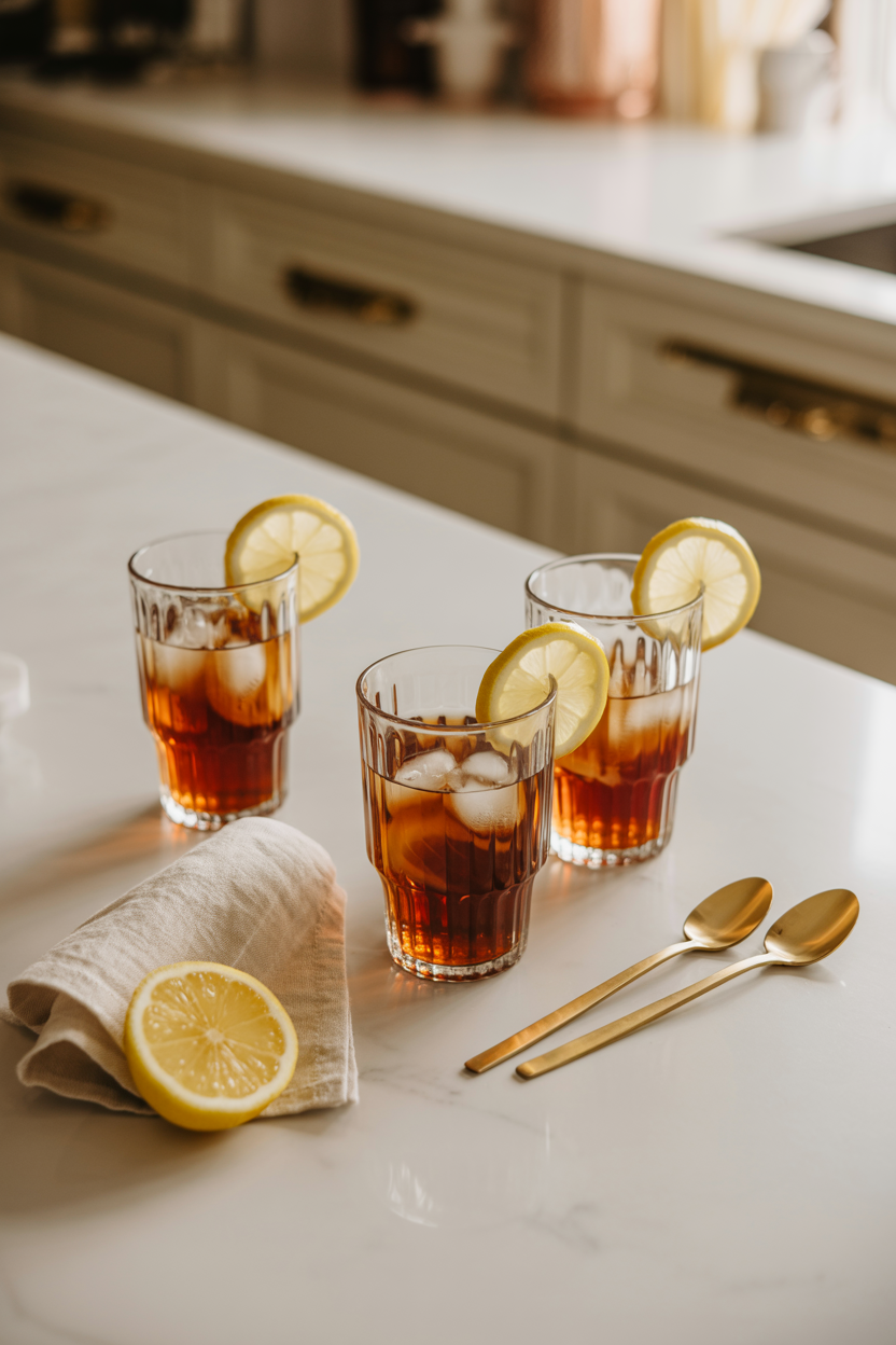 Fluted glass tumblers with lemon slices on marble counter beside gold spoon and napkin.