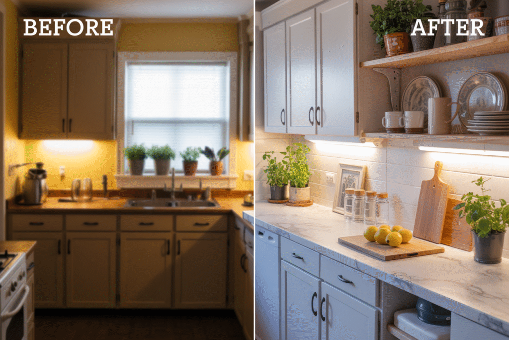 Side-by-side transformation of a small apartment galley kitchen. “Before” shows a dark, outdated setup. “After” features white cabinets, black hardware, marble counters, and soft lighting, all in the exact same layout.