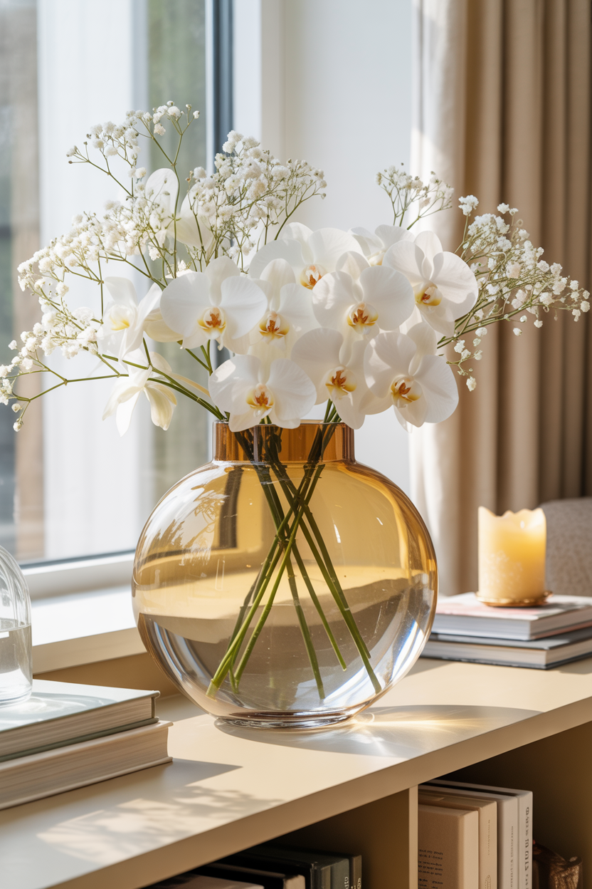 Gold rimmed glass vase with white florals styled on a modern console with books and candle.
