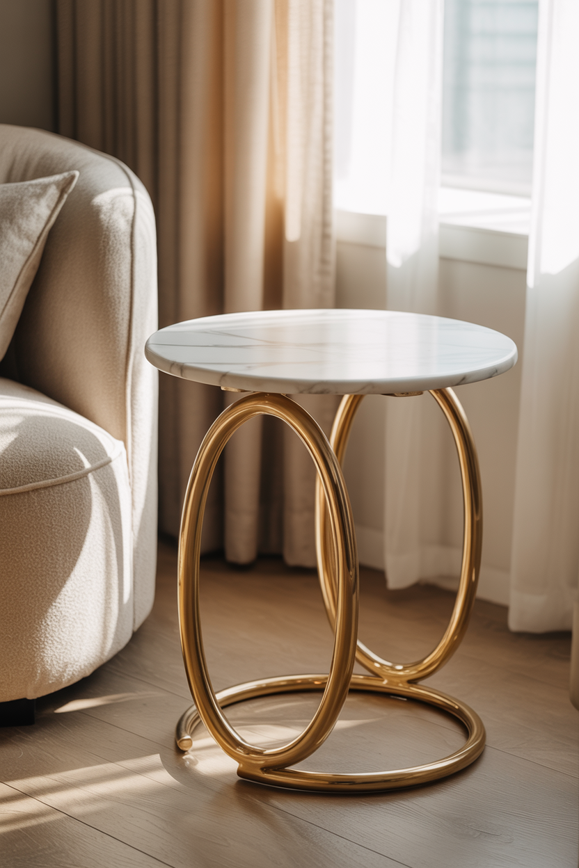 Marble side table with gold O-shaped base styled next to beige couch and soft curtain.
