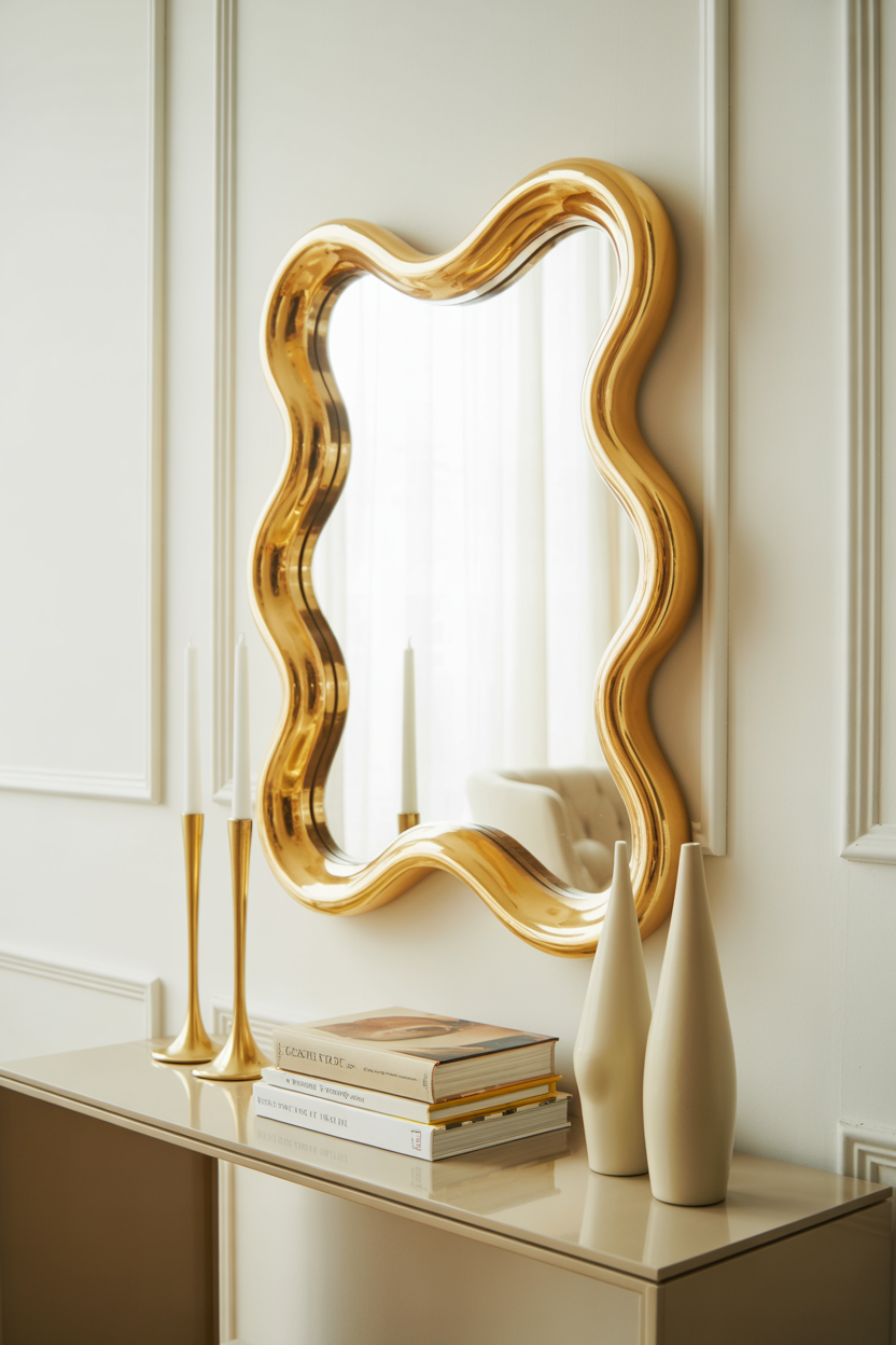 Wavy gold mirror above white console table with candles, books, and sculptural decor.
