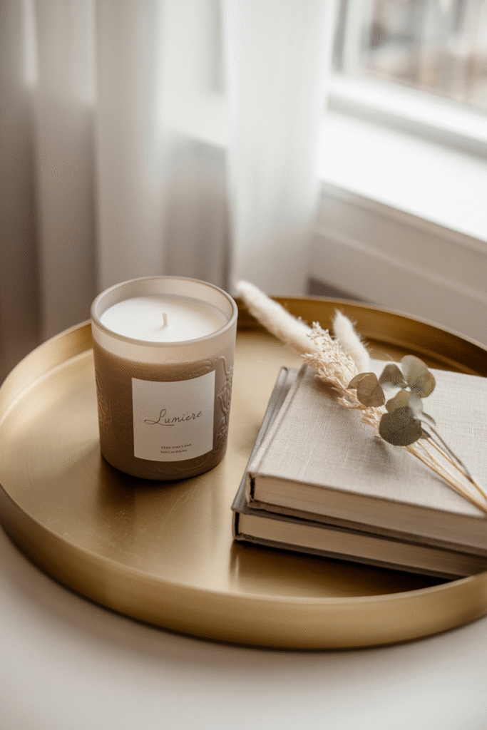 Minimalist candle on gold tray with books and dried florals styled in cozy natural light.