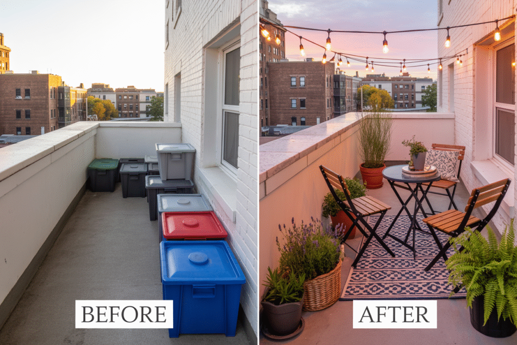 Before and after small apartment balcony makeover showing a transformation from a cluttered storage space with plastic bins to a cozy, decorated outdoor seating area with string lights, potted plants, and a bistro set