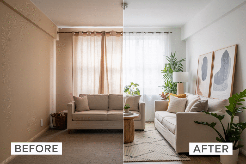 Side-by-side image of a small apartment living room makeover. The “Before” shows a beige, empty room with basic curtains and no decor. The “After” shows the same space styled with neutral furniture, a rattan coffee table, large framed wall art, plants, and soft lighting.