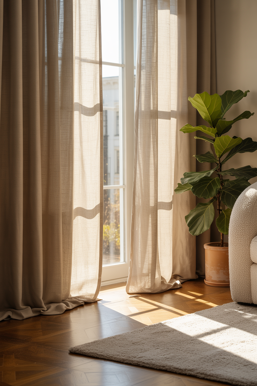 Beige linen curtains glowing with sunlight beside light wood floor and neutral chair.