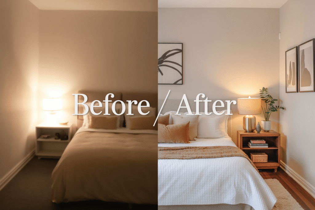 Before-and-after of a small American apartment bedroom. “Before” shows a bare mattress and plain bedding. “After” shows the full bed styled with designer layers and a bench at the foot for a complete, scroll-stopping makeover.