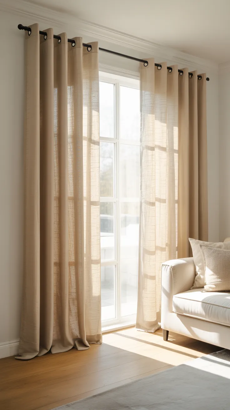 Soft beige linen curtain panels hanging in bright living room with natural sunlight.