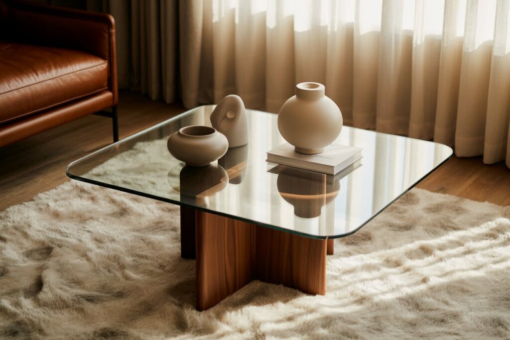 A sculptural glass coffee table styled with ceramic vases on a soft ivory rug, bathed in natural light, with a focus on modern minimalism and organic textures.