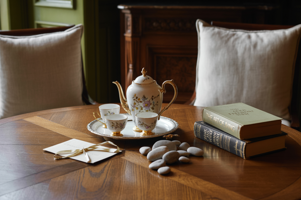 A cozy tabletop styled with a vintage tea set, ceramic stones, and stacked books including “The Art of Living,” all softly lit by natural window light.