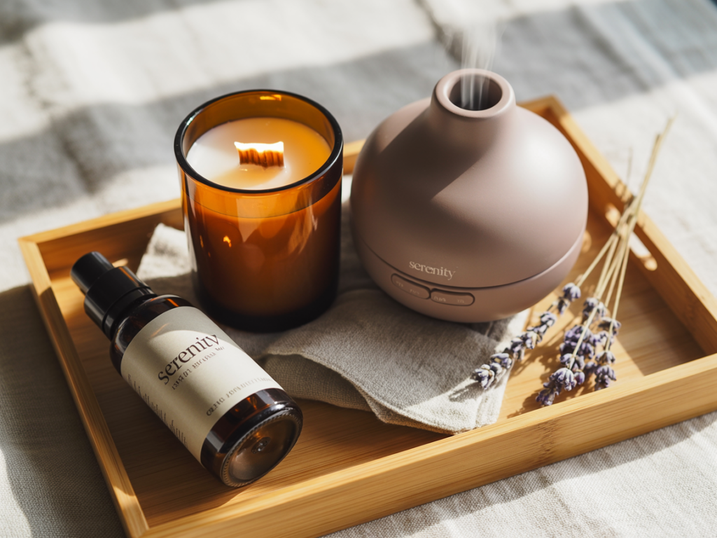 Minimalist wooden tray with a ceramic essential oil diffuser, amber soy candle, linen napkin, lavender sprigs, and an amber glass linen spray bottle labeled "serenity," styled on a soft neutral fabric in cozy sunlight.