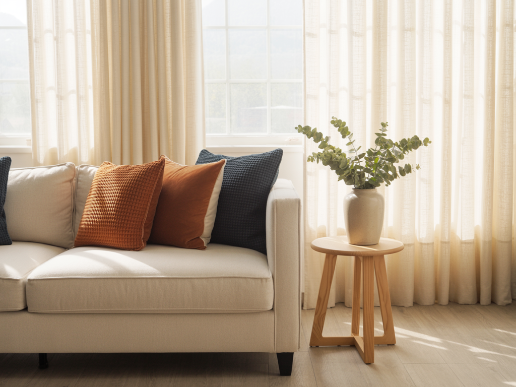 A bright, sun-filled living room featuring a cream-colored sofa with rust, burnt orange, and navy textured throw pillows; sheer beige curtains filter the light, and a wooden side table with a ceramic vase of eucalyptus adds a fresh, modern touch to the cozy setup.