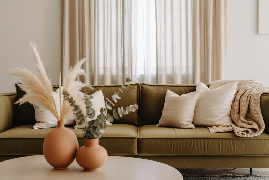 Olive green velvet sofa styled with neutral pillows and terracotta vases filled with blush pampas grass on a round coffee table, set against soft beige curtains.