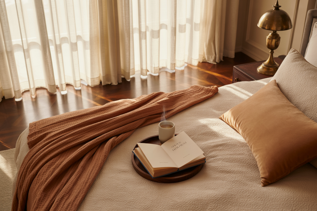 A warm, sunlit bedroom with sheer beige curtains glowing from natural light; on the neatly made bed lies a rust-colored throw blanket, a tan velvet pillow, and a wooden tray holding an open book and a steaming cup of coffee, creating a cozy, lived-in vibe.