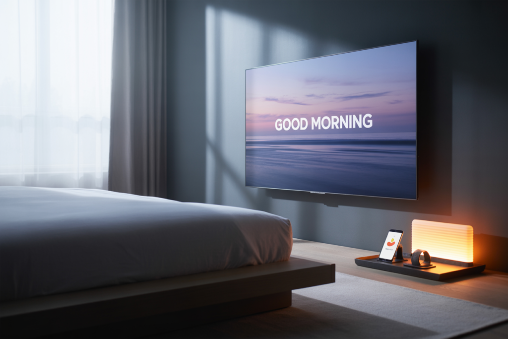 Minimalist bedroom featuring a Frame TV with 'Good Morning' on screen, warm sunrise lighting, sleek charging station, and a cozy modern bed beside sheer curtains