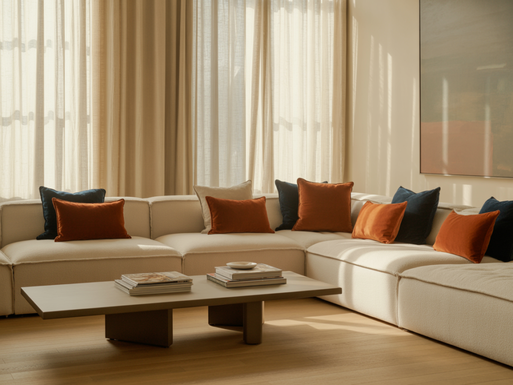 Modern neutral-toned living room with a large cream sectional sofa accented by burnt orange, navy, and taupe velvet pillows. Soft sunlight filters through layered beige curtains, casting warm shadows across the space. A minimalist coffee table with stacked books and a sculptural tray adds to the clean, curated look.