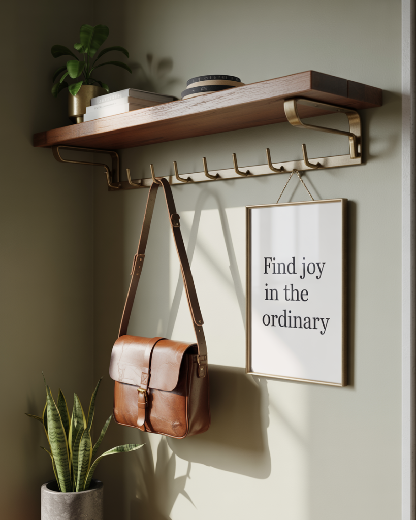 Sun-drenched window corner with a large fiddle leaf fig plant in a textured white planter, a wooden stool styled with a tray of lit candles and small succulents, and a knit throw draped casually. Soft fairy lights add a cozy, glowing ambiance.