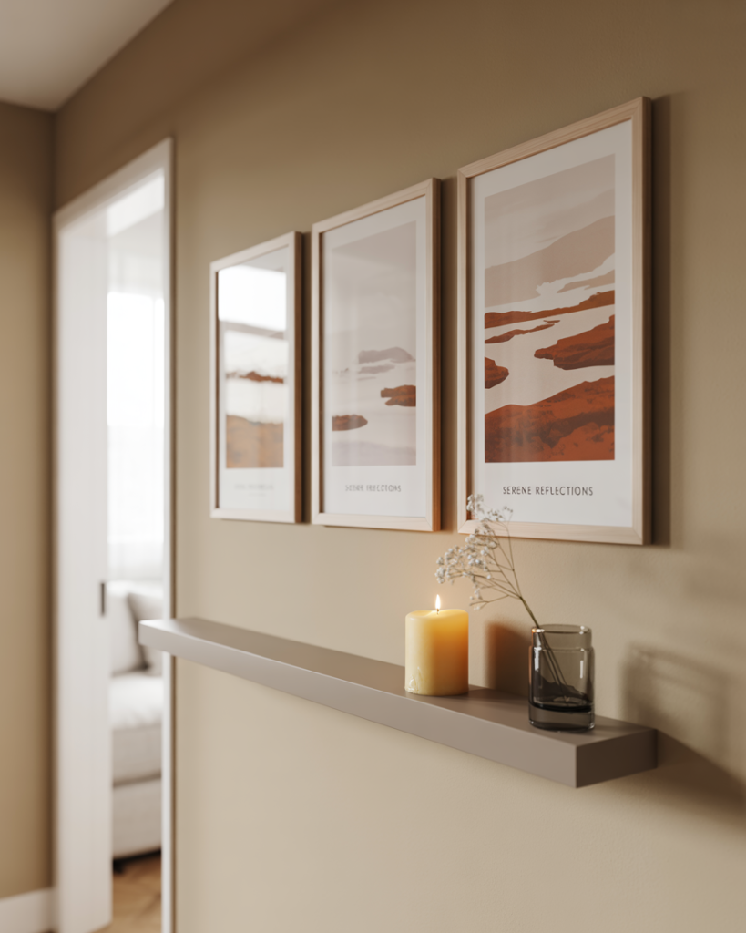  Modern hallway end with three minimalist art prints framed in wood, a slim floating shelf underneath holding a lit candle, a black glass vase, and a single dried flower. The space features warm neutral tones and soft natural light.