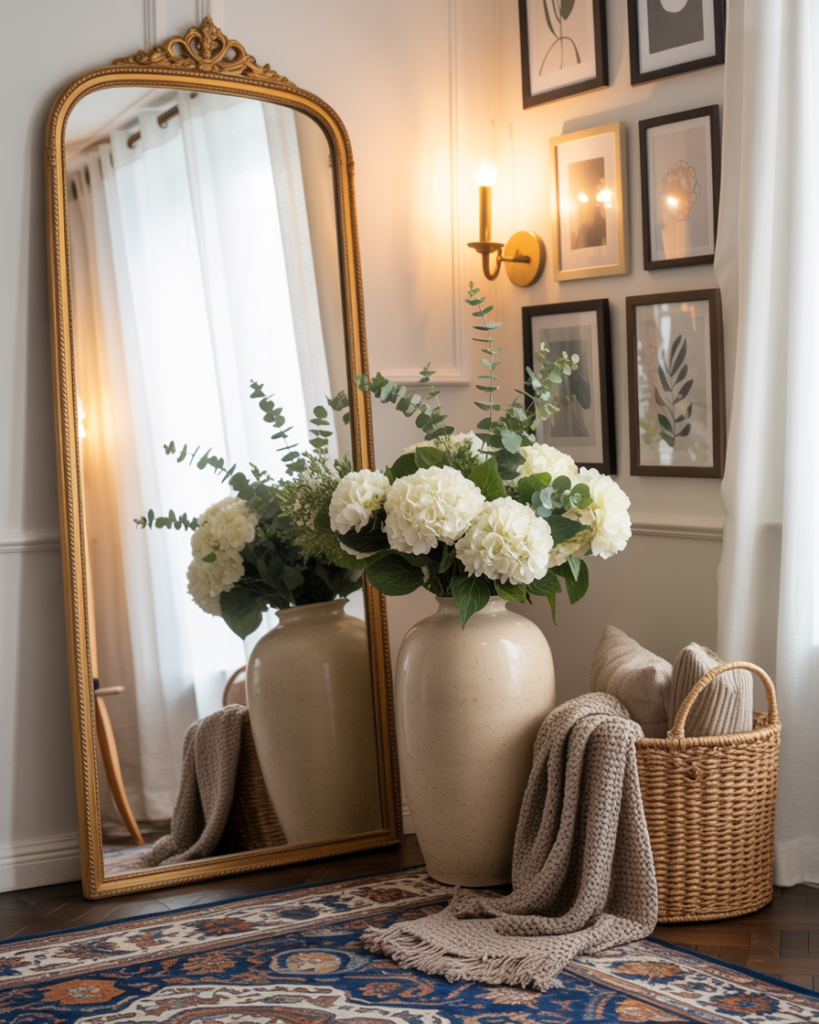 Entryway styled with gold mirror, ceramic vase of white hydrangeas, gallery wall, and warm lighting from a wall sconce