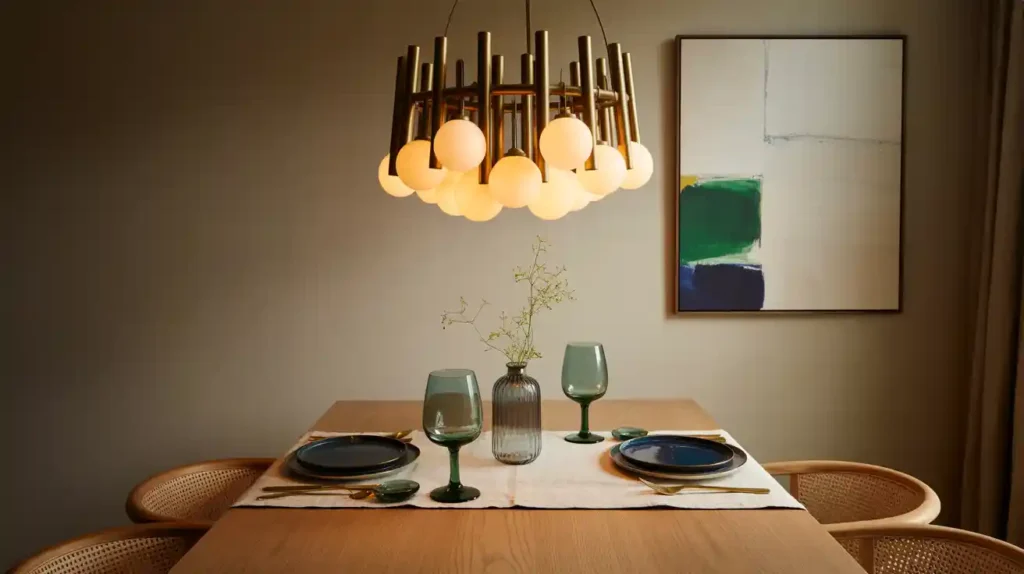 Dining space with sculptural chandelier, warm globe lighting, abstract art, and minimalist wood table styling