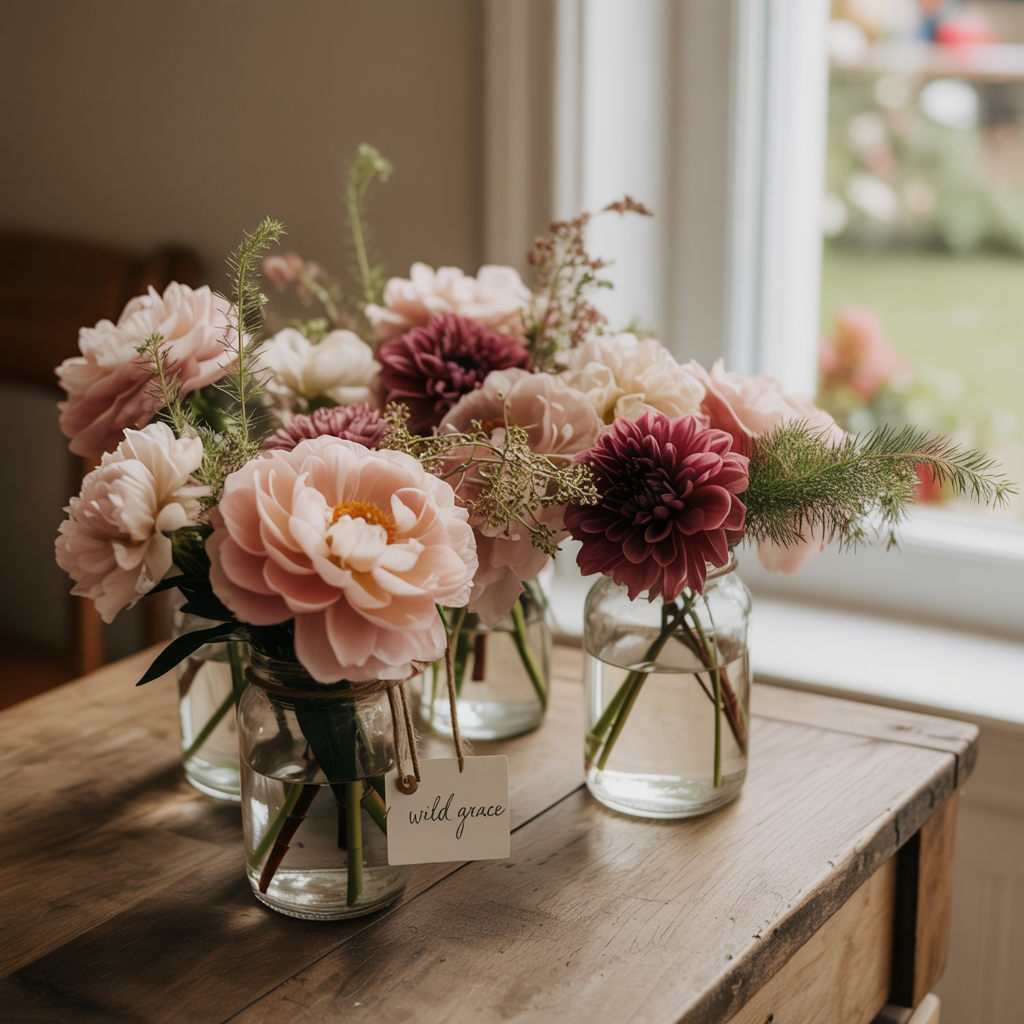 Close-up of romantic floral arrangements in glass jars with blush roses, burgundy dahlias, and greenery, styled on a rustic wooden table with a soft natural light glow.

