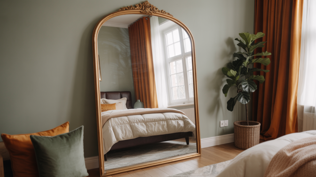 Gold arched mirror reflecting a cozy bedroom with green walls, golden curtains, and a tall fiddle leaf fig plant