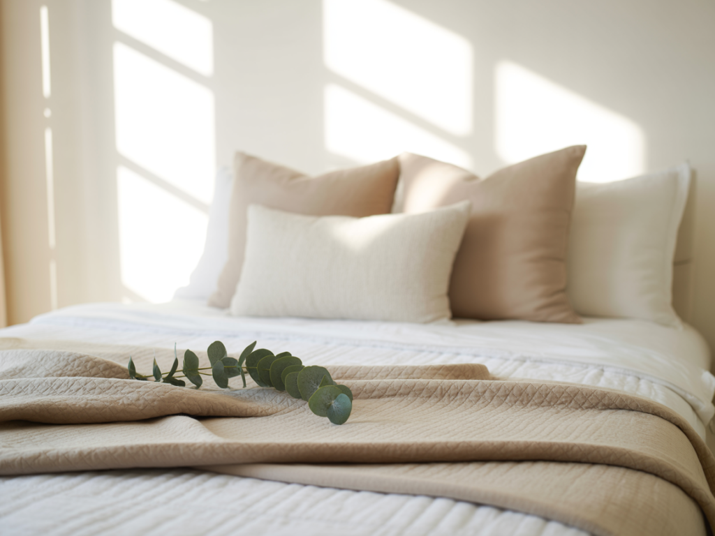 Soft cozy minimalist bed styled with layered beige and white pillows, eucalyptus sprig, and textured knit throw, bathed in warm morning sunlight.