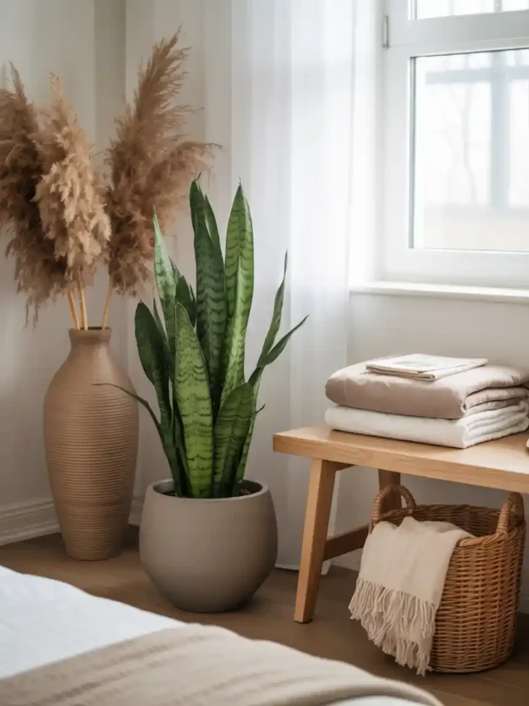 Cozy minimalist bedroom corner featuring a snake plant in a matte pot, pampas grass in a terracotta vase, folded linen blankets, and a woven basket under a wooden bench—all bathed in soft natural sunlight.