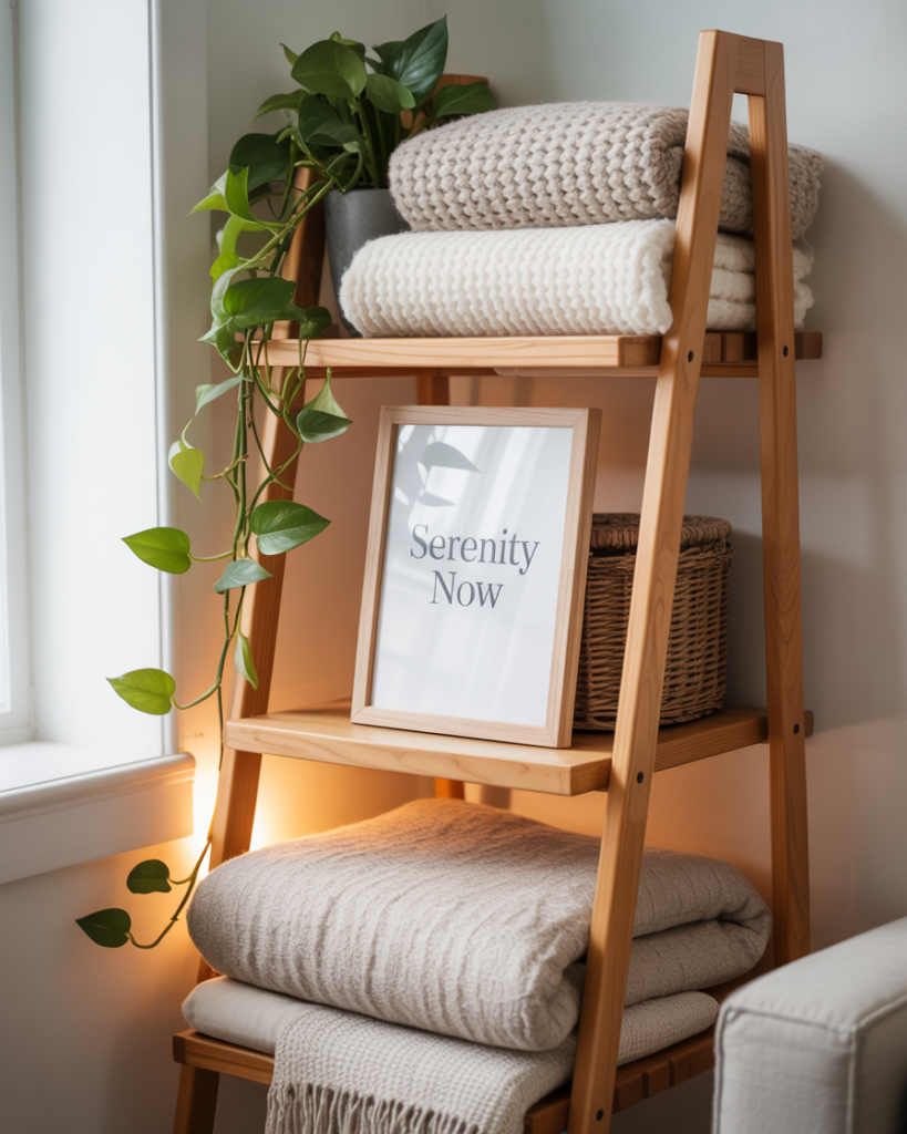 Cozy living room corner featuring a wooden ladder shelf styled with folded knit blankets, a trailing green plant, a framed “Serenity Now” print, and a wicker storage basket. Warm lighting enhances the soft, neutral-toned decor.
