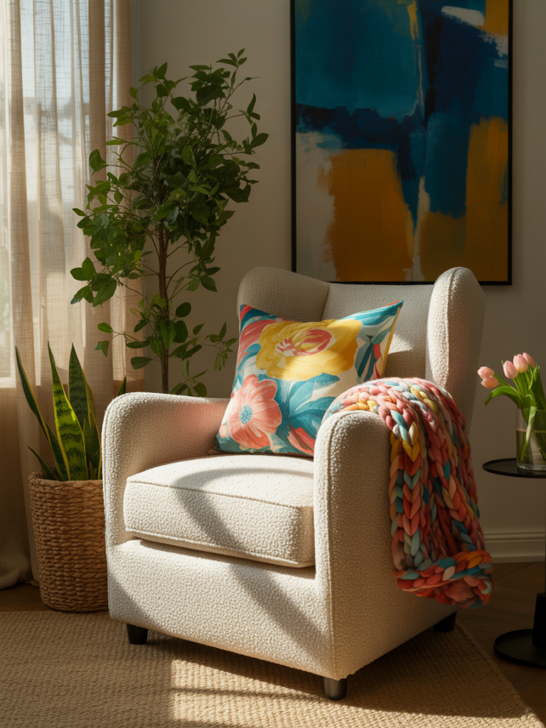  Cozy reading nook with a cream boucle armchair styled with a vibrant floral pillow and a colorful chunky knit throw. The corner features bright natural light, indoor plants in woven baskets, and a bold abstract painting in blue and yellow tones. A glass side table with pink tulips adds a cheerful summer touch.