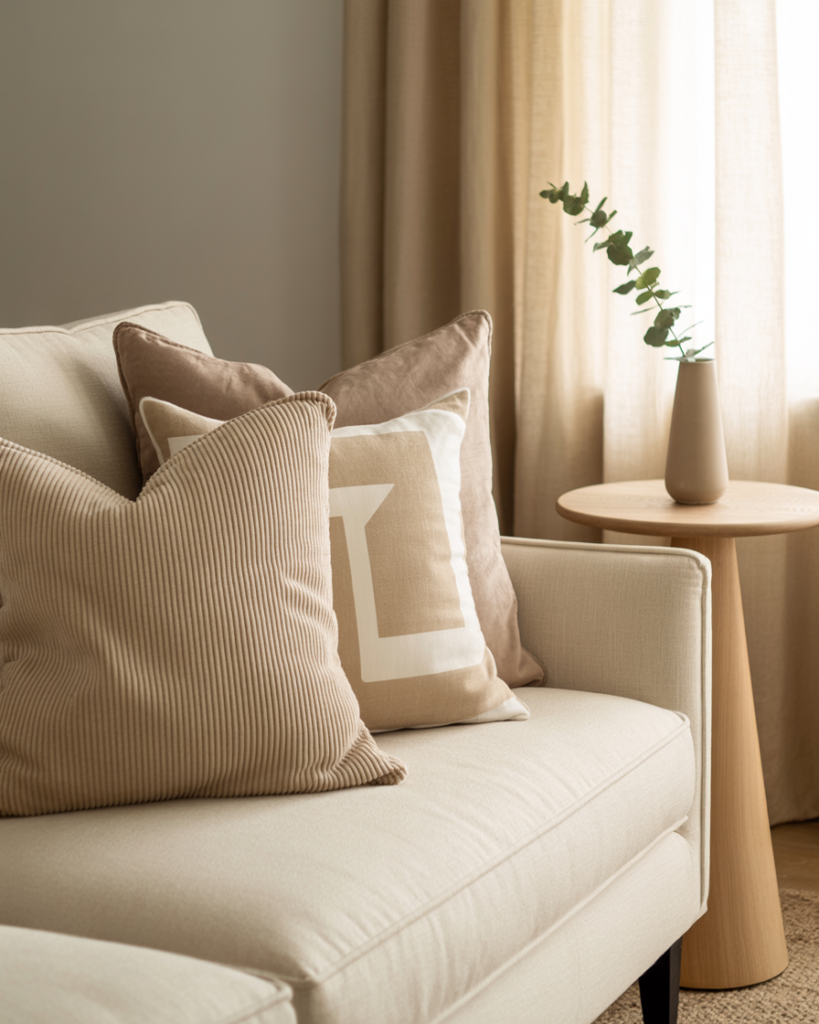 Beige sofa with layered throw pillows in corduroy, taupe linen, and a textured geometric lumbar, styled with warm curtains and a modern ceramic vase.