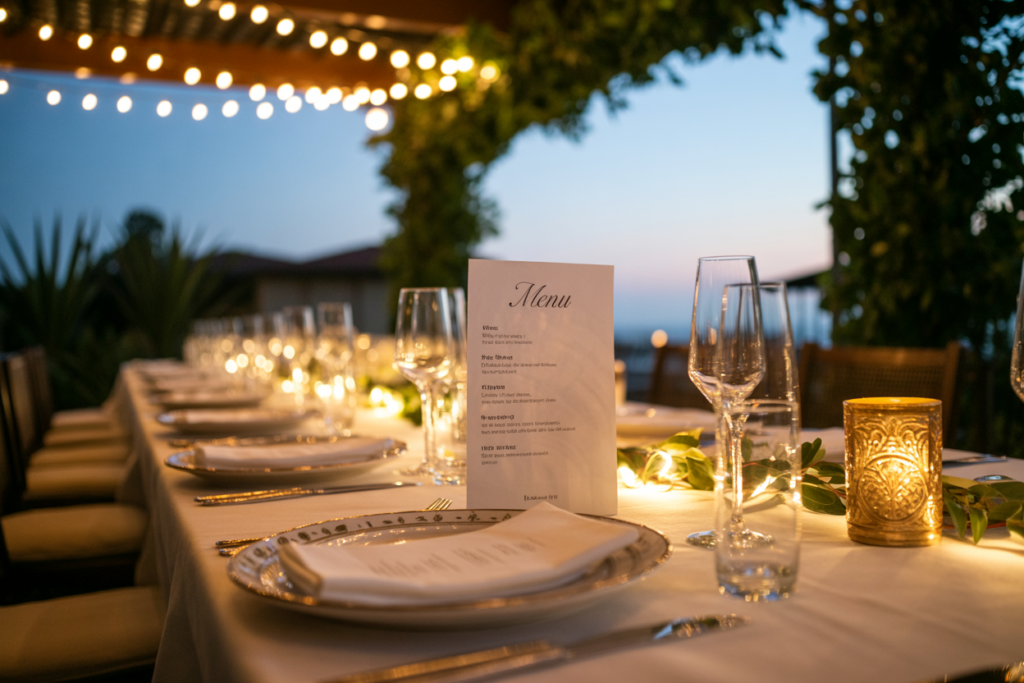 Elegant outdoor summer dinner table glowing at dusk under string lights, featuring crystal glassware, gold flatware, a printed menu, and flickering candles for a romantic, designer-inspired setting.